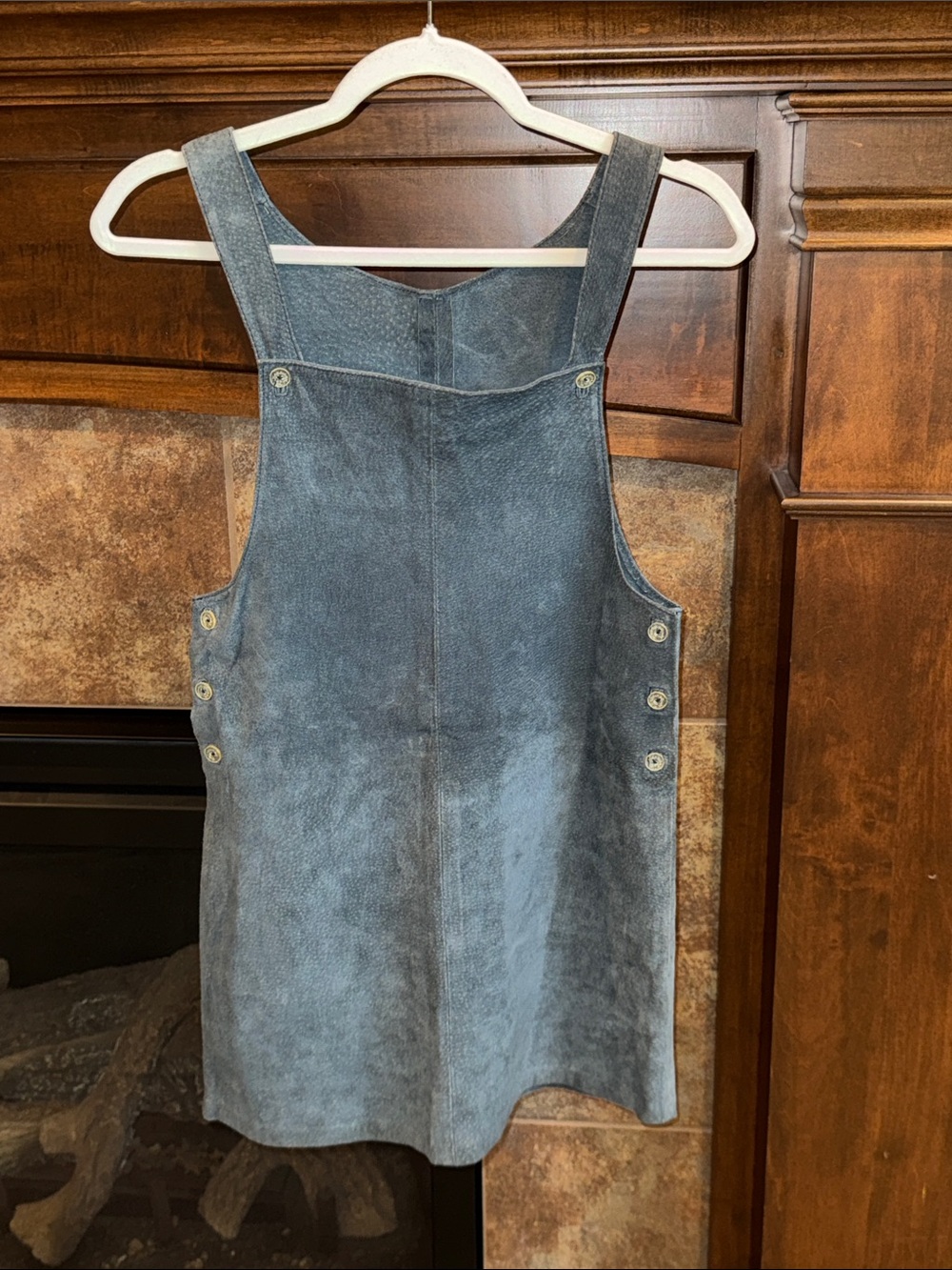 Vintage Blue Suede Leather Jumper Dress Pinafore Mini Side Button 90s Boho XS